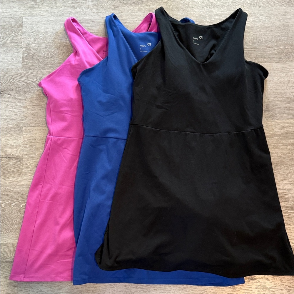 Pink, Blue, and Black Sleeveless Dresses